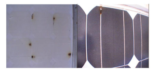 Figure 4: Front and back side view of burn marks caused by open-circuited bypass diodes and current mismatches conditions [11]