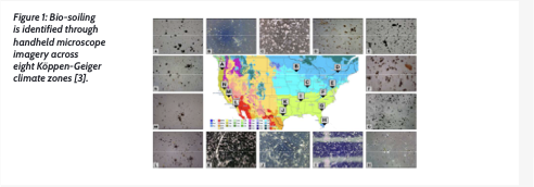 Bio-soiling identified through handheld microscope imagery across eight Koppen-Geiger climate zones.