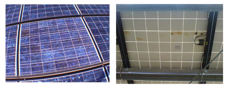 Figure 4: Glass breakage (left) and burn marks (right) caused from broken cell interconnections [2]